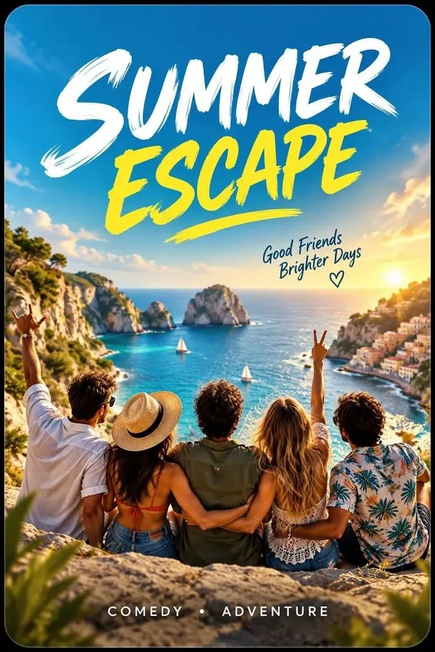 Summer adventure poster showing friends overlooking a beautiful Mediterranean coast on lux iptv