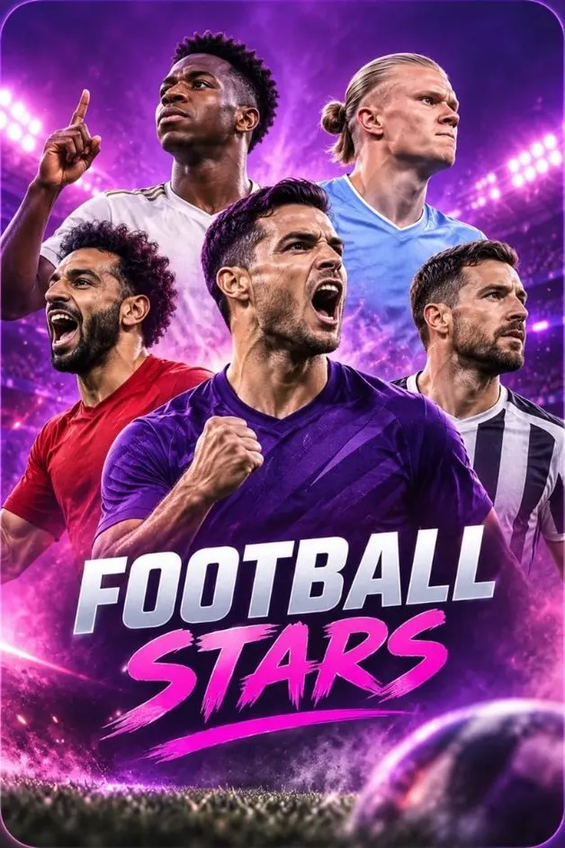 Football stars poster featuring professional players inside a brightly lit stadium on lux iptv