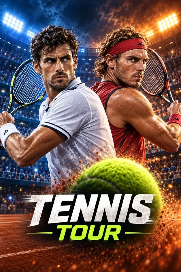 Tennis tournament poster featuring two professional players with rackets in a dramatic stadium on lux iptv